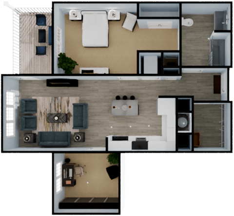 Floor plan for 1 bed, 1 bath, 888 sqft